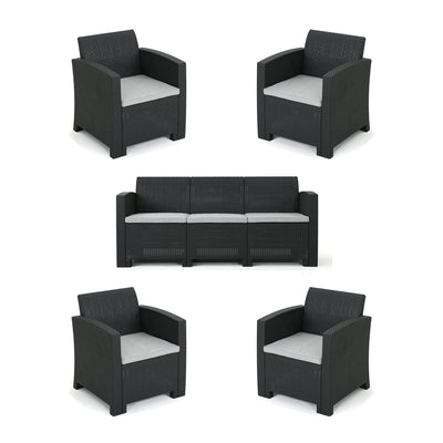 Outdoor Faux Wicker Rattan Style Chat Set With Water Resistant Cushions, 5 Pieces Set - Charcoal / Light Gray