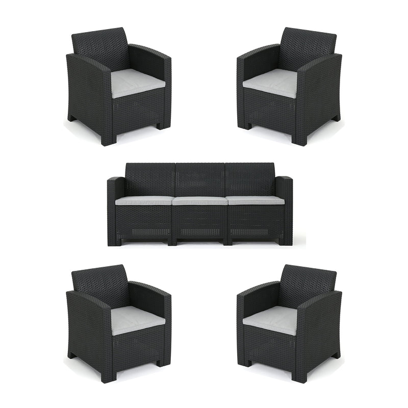 Outdoor Faux Wicker Rattan Style Chat Set With Water Resistant Cushions, 5 Pieces Set - Charcoal / Light Gray