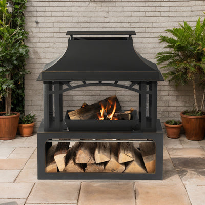 40" Wood Burning Fireplace, 50000 Btu Steel Fire Pit, Wood Burning Chimney For Outside Patio Deck Garden Backyard - Black
