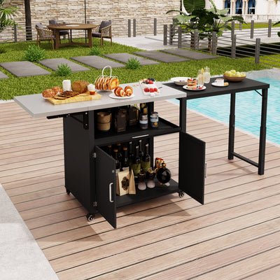 Versatile Outdoor Cabinet With Folding & Expandable Work Surfaces, Ample Storage Space, And Lockable Wheels - Matte Black