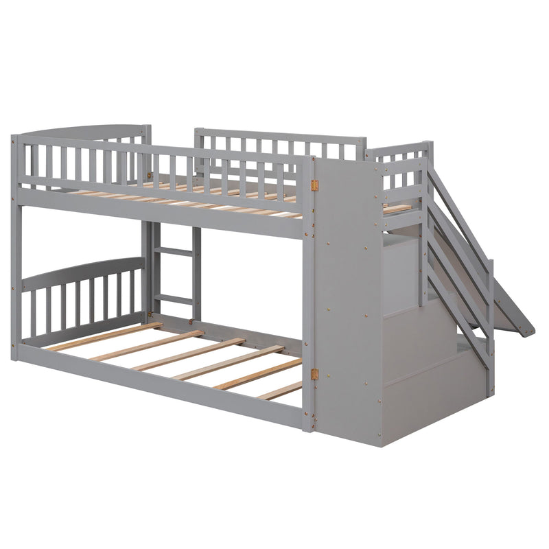 Twin Over Twin Bunk Stairway Bed With 2 Drawers And Slide - Gray