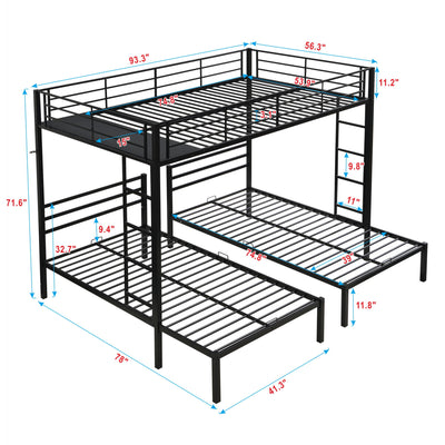 Modern Metal Triple Bunk Bed With Vertical Ladder, Safety Rail, And Storage Shelf - Black