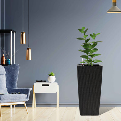 Elegant Square Planter With Automatic Watering System, Faux Rattan Design, Polypropylene (Set of 2) - Black