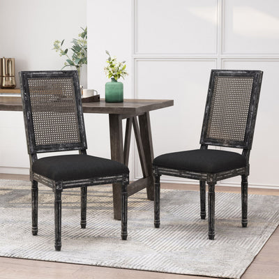 French Country Dining Chair With Rectangular Cane Backrest And Smooth Upholstered Seating