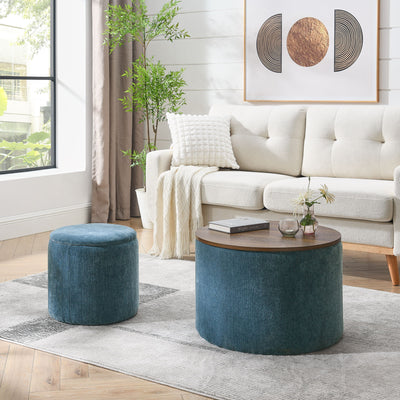 Classic 2 Piece Round Storage Ottoman Set With Drum Shaped Stool