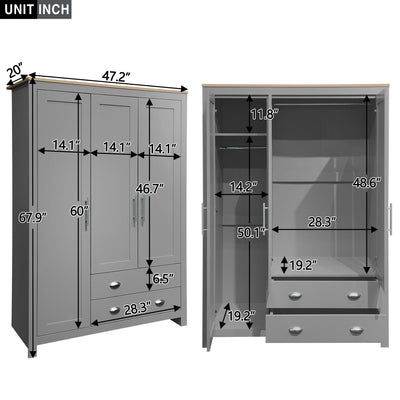 3 Door Storage Wardrobe With Cabinets And 2 Hanging Rods - Gray