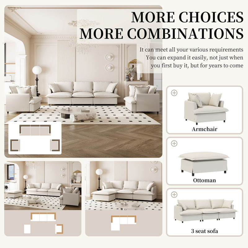 Living Room Set Modular Sectional Couch, Upholstered Sofa & Armchair & Movable Ottoman