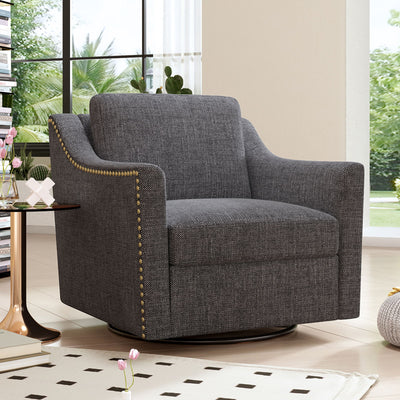 360 Degree Swivel Armchair, Skin Friendly Fabric, Ergonomic Design, Brass Nail Decorative Armchair