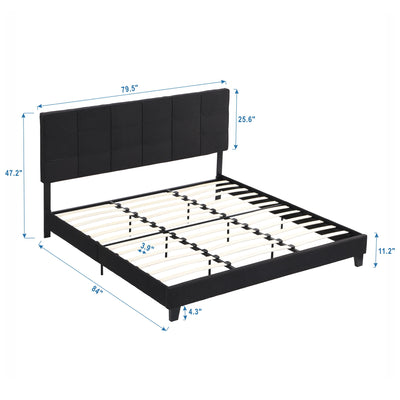 King Size Upholstered Platform Bed Frame With Linen Fabric Headboard, Wood Slat Support - Black