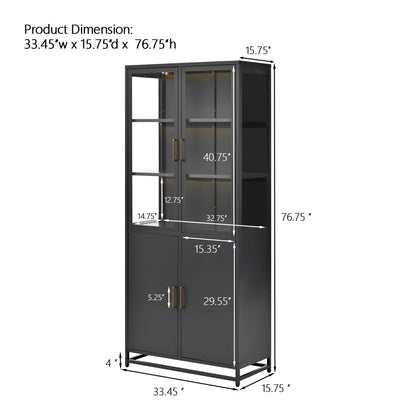 Modern Style Tall Steel Display Cabinet With Double Glass Doors, LED Lights