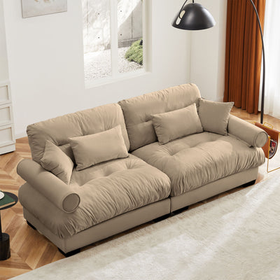 Modern Velvet Sofa With Bolstered Armrests And Pillows