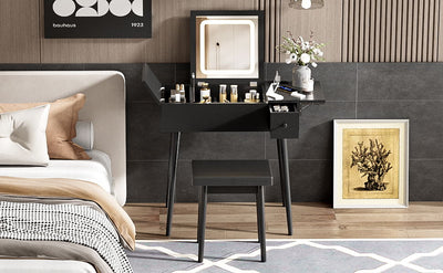 Makeup Vanity Desk With Flip Top Mirror And LED Light, Dressing Table With Charging Station, 2 Drawers And Fold Up Panel, Vanity Set With Cushioned Stool For Bedroom - Black