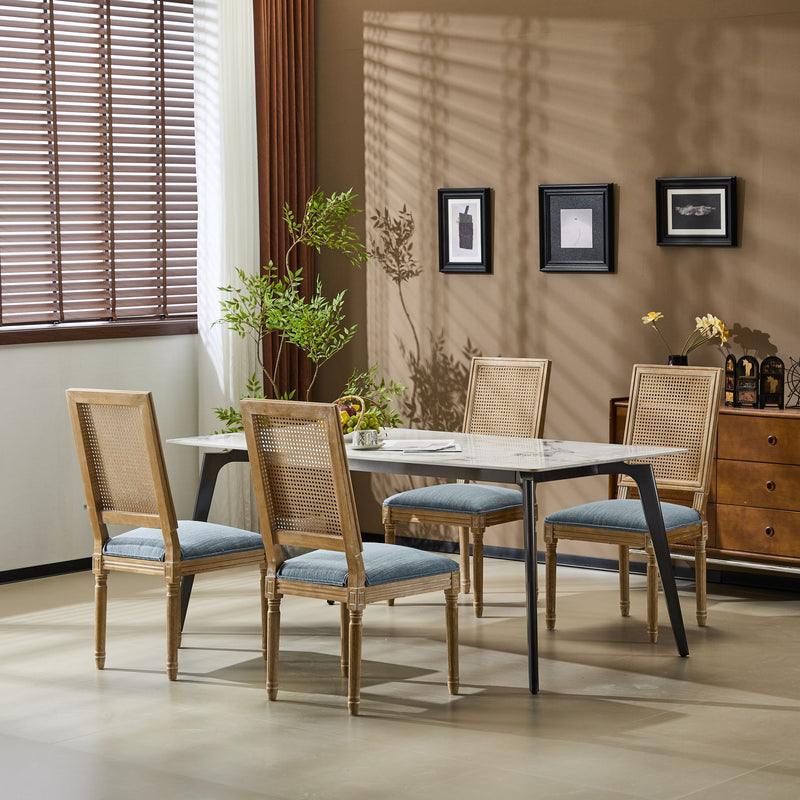 French Country Dining Chair With Rectangular Cane Backrest And Smooth Upholstered Seating