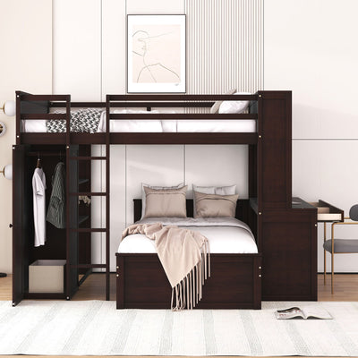 Loft Bed With A Twin Size Standalone Bed, Shelves, Desk, And Wardrobe