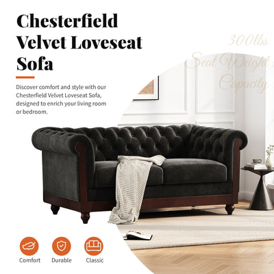 Chesterfield Velvet Loveseat Sofa, 2 Person Rolled Arm Upholstered Couch
