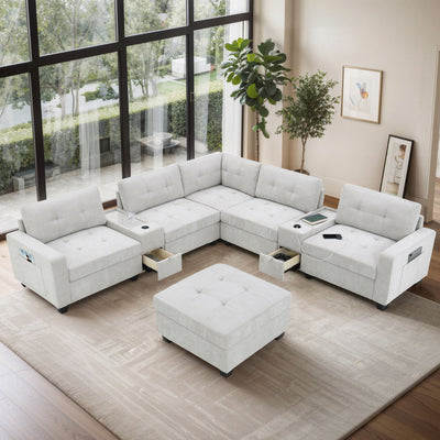 Sectional With Acrylic Table Top U Shaped Couch Set With 2 Consoles USB Charger, Storage Drawers And Pockets Movable Ottoman Tufted Sofa