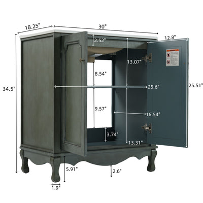 Vintage Bathroom Vanity With Ceramic Sink, Adjustable Shelves