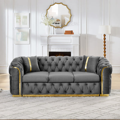 Button Tufted Couch With 2 Pillows, 3 Seater Luxury Chesterfield Sofa