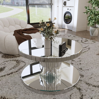 Luxury Double Tier Round Mirror Coffee & End Table With Fluted Glass Modern Sofa Side Table - Silver / Glass