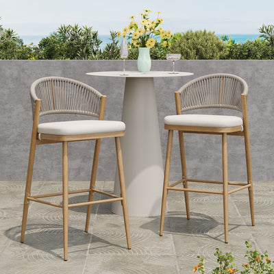 Outdoor Bar Height Metal Frame Counter Stools With Scallop Shaped Backrest & Water Resistant Cushions