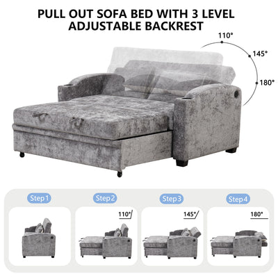 Pull Out Loveseat Sofa With Adjsutable Backrest, 2 Pillows, Cup Holders, USB Ports For Living Room
