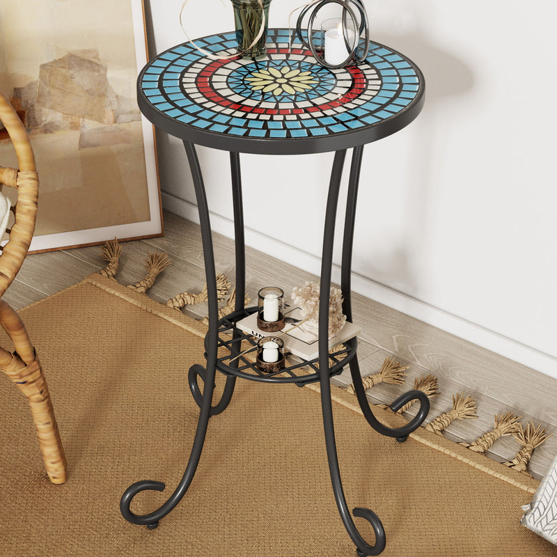 Ceramic Tile And Iron Patio Side Table With Shelf