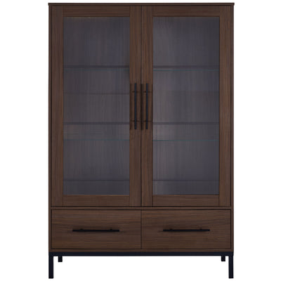 Modern Style Tall Display Cabinet With LED Lighting, Tempered Glass Door, 2 Drawers