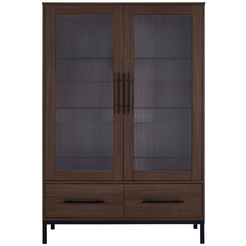 Modern Style Tall Display Cabinet With LED Lighting, Tempered Glass Door, 2 Drawers