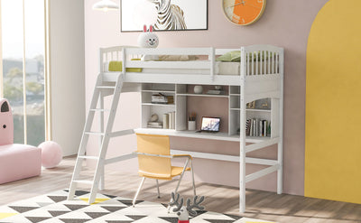 Loft Bed With Storage Shelves, Desk And Ladder
