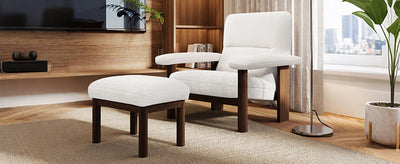 Modern Accent Chair With Ottoman, Mid Century Lounge Chair With Footrest, Comfy Fabric Armchair Upholstered Set With Solid Wood Frame For Living Room - White