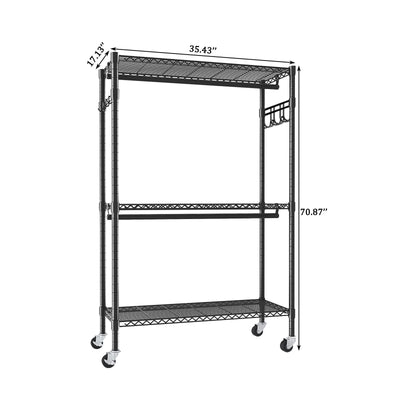 Heavy Duty Rolling Clothes Rack With 3 Tier Shelves, 2 Rails & Side Hooks, Adjustable Freestanding Organizer Metal - Black