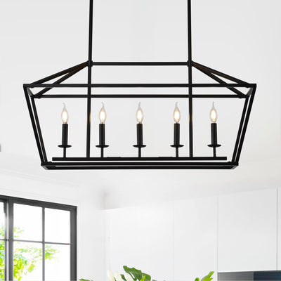 5 Light Farmhouse Kitchen Island Lighting, 5 Light Industrial Linear Chandelier For Dining Room Metal Hanging Pendant Light Fixture For Bedroom Living Room Hallway Conference Room - Matte Black