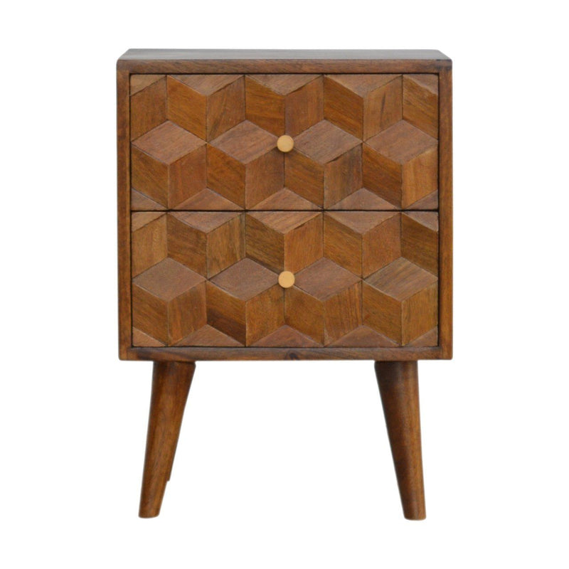 Cube Carved Bedside Table Nightstand - Chestnut