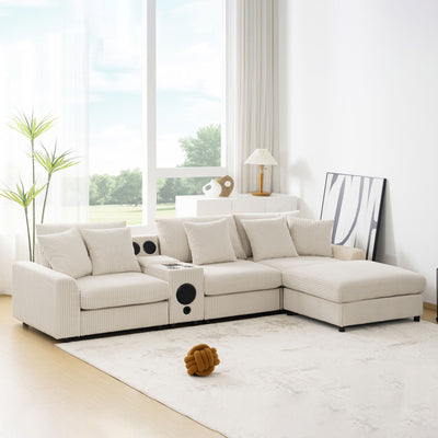 Sectional With Bluetooth Speakers L Shaped Couch With Console USB Charger, Cup Holders Storage Ottoman Deep And Wide Seat Cloud Sofa