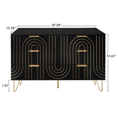 Modern 6 Drawer Dresser, Modern Dresser With Metal Handles, Storage Chest Of Drawer, Wide Dresser Drawer Organizers With Carving Design For Bedroom, Living Room, Hallway - Black