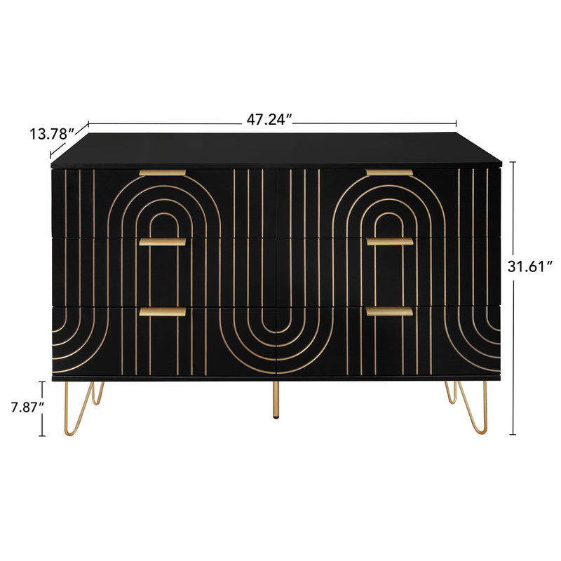 Modern 6 Drawer Dresser, Modern Dresser With Metal Handles, Storage Chest Of Drawer, Wide Dresser Drawer Organizers With Carving Design For Bedroom, Living Room, Hallway - Black