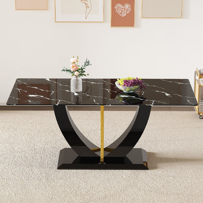 Modern Minimalist Luxurious Imitation Marble Dining Table Rectangular Office Desk With Tempered Glass - Black