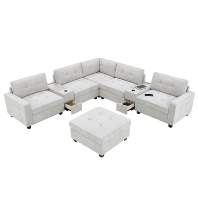 Sectional With Acrylic Table Top U Shaped Couch Set With 2 Consoles USB Charger, Storage Drawers And Pockets Movable Ottoman Tufted Sofa