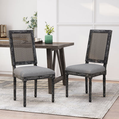 French Country Dining Chair With Rectangular Cane Backrest And Smooth Upholstered Seating