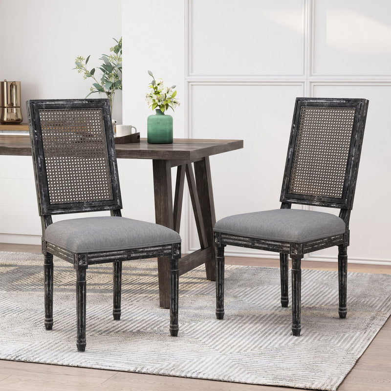 French Country Dining Chair With Rectangular Cane Backrest And Smooth Upholstered Seating