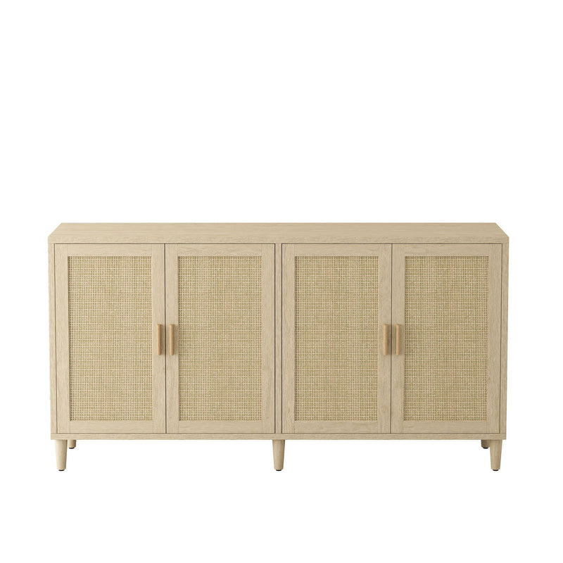 Rattan Buffet Cabinet With Storage, 4 Door Sideboard, Adjustable Shelves - Natural