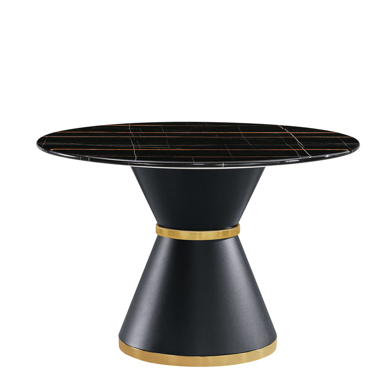 Marble Printed Round Dining Table - Black Columnar Base With Gold Annulus Not Including Chairs - Black
