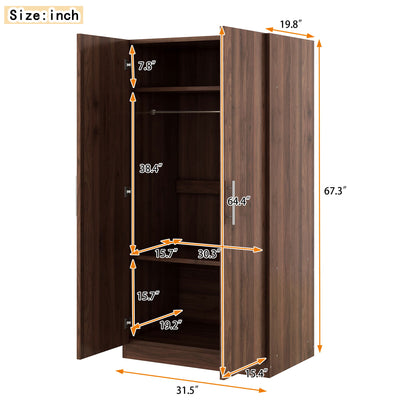 2 Door Wooden Wardrobe Armoire With 3 Storage Shelves - Brown