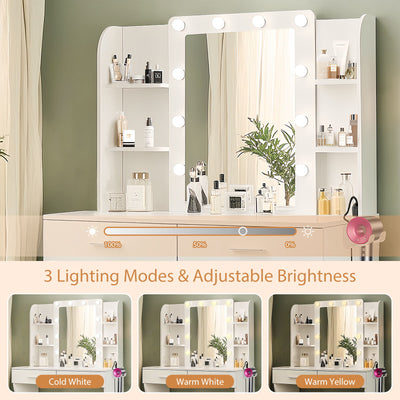 Vanity Desk Set With Mirror & Adjustable Lights Power Outlet And Hair Dryer Rack 2 Drawers And 6 Shelves Includes Cushioned Stool - White