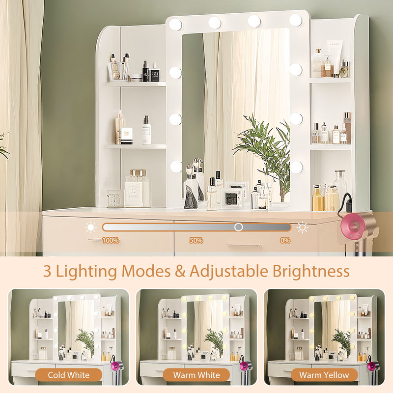 Vanity Desk Set With Mirror & Adjustable Lights Power Outlet And Hair Dryer Rack 2 Drawers And 6 Shelves Includes Cushioned Stool - White