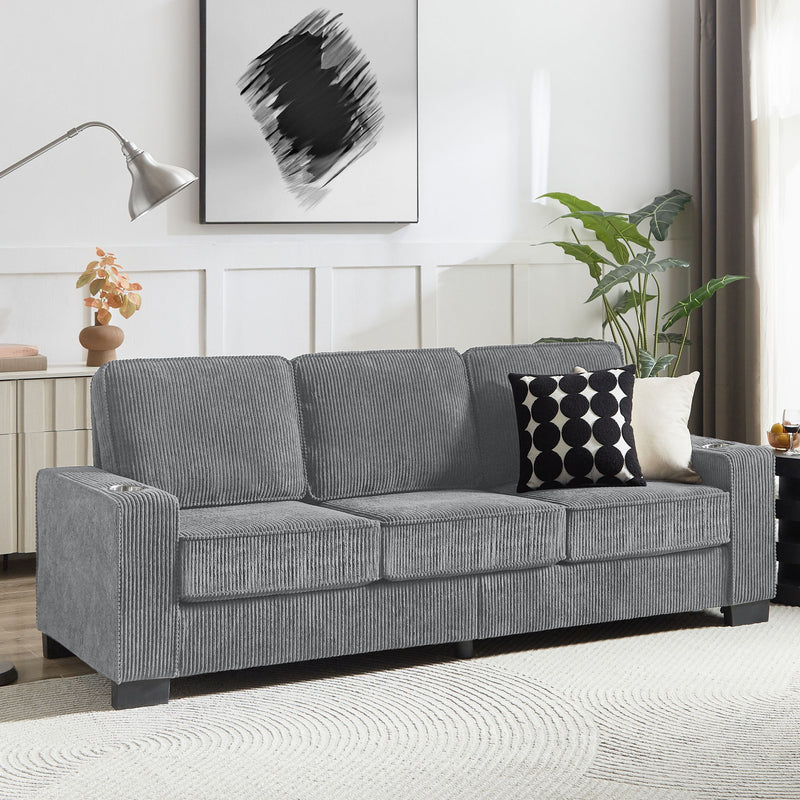 Modern Corduroy Fabric Sofa, 3 Seater Compressed Couch With Cup Holders