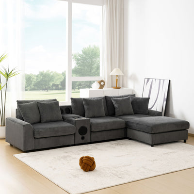 Sectional With Bluetooth Speakers L Shaped Couch With Console USB Charger, Cup Holders Storage Ottoman Deep And Wide Seat Cloud Sofa