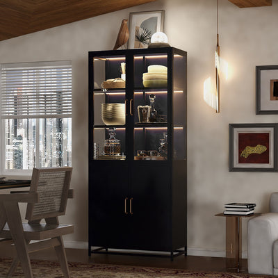 Modern Style Tall Steel Display Cabinet With Double Glass Doors, LED Lights