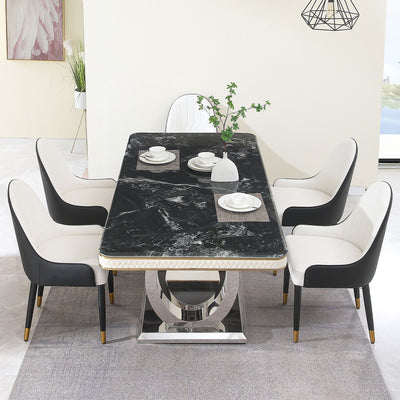 Luxury Modern Dining Table With 6 Chairs Marble Top Titanium Plated Base - Black