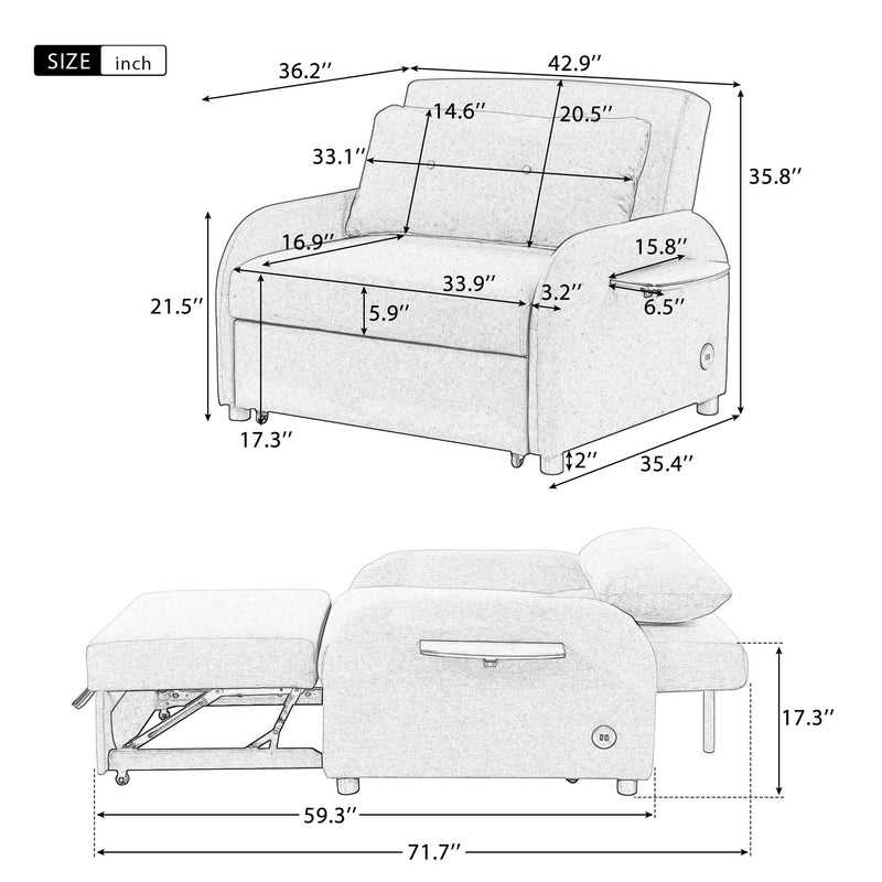Versatile Pull Out Sofa Sleeper 3 In 1 With Wing Table & USB Charge, Compact Design
